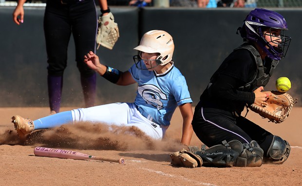 Cabrillo College sophomore Cameron Llamas slides home with a run during the Seahawks' eight-run outburst in the sixth inning against visiting San Jose City on Tuesday. (Shmuel Thaler - Santa Cruz Sentinel)