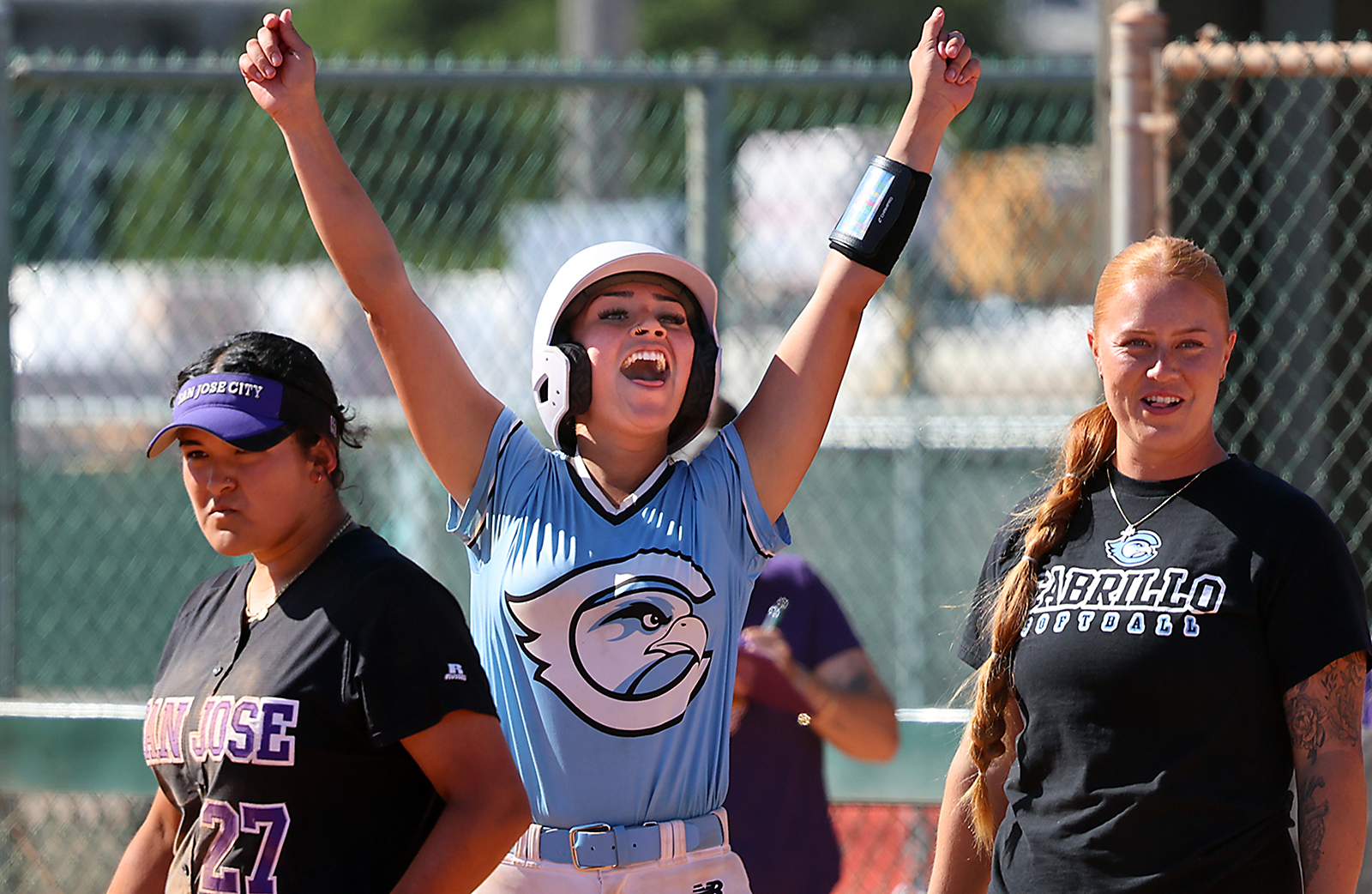 Cabrillo Collegeâs Janessa De La Cruz exults after knocking in...