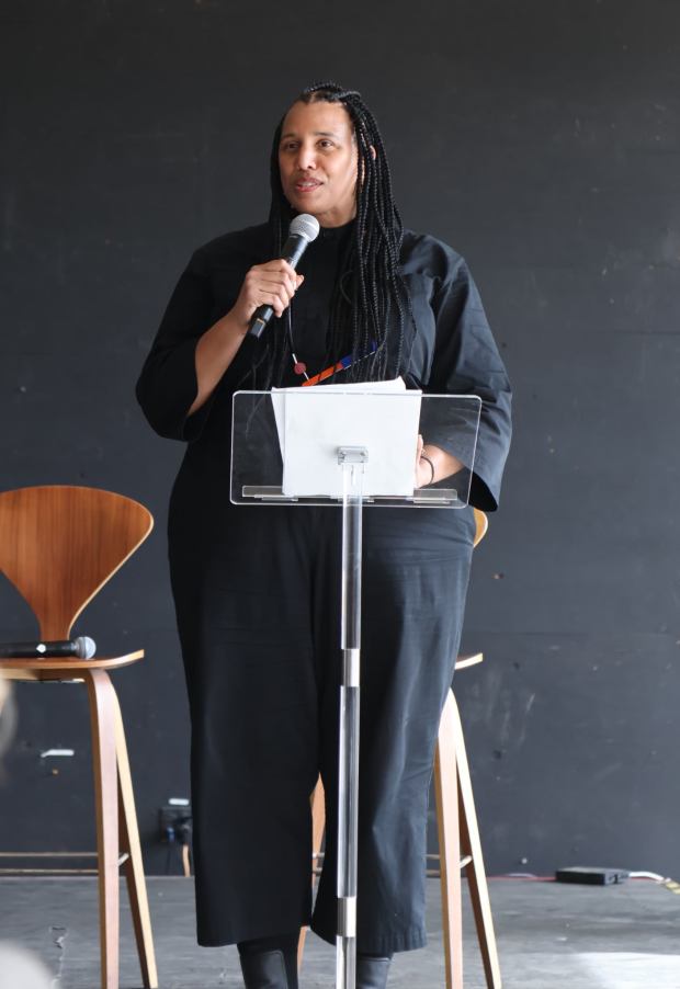On April 2, 2026, Erin Harkey, CEO of Americans for the Arts, addresses a gathering at The Soap Factory in Barrio Logan, where she headlined a panel called "Arts Advocacy at a Crossroads: A Day of Conversation, Community & Action." (Michael Phillips)