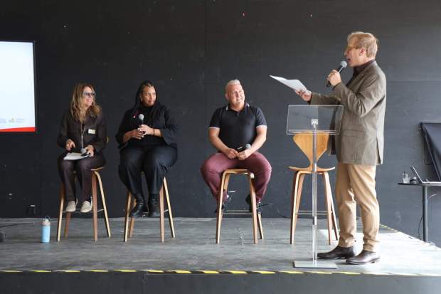 An arts advocacy panel, held in Barrio Logan on April 2, 2026, featured, from left, Julie Baker, CEO of California for the Arts and California Arts Advocates; Erin Harkey, CEO of Americans for the Arts; and Bob Lehman, executive director of San Diego ART Matters all leading arts advocacy groups at the national, state and regional levels. The panel was moderated by Jonathon Glus, formerly the city of San Diego's director for the Department of Cultural Affairs and now the Conrad Prebys Senior Fellow for Art and Design at the Downtown San Diego Partnership. He is also chair of California for the Arts. (Michael Phillips)