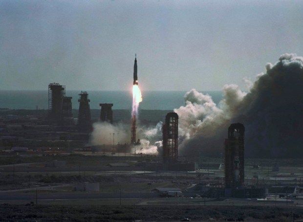 Astronaut John Glenn, the Friendship 7 Mercury Capsule is shown being launched from Cape Canavarel, Fla. on Feb. 20, 1962. (AP Photo)