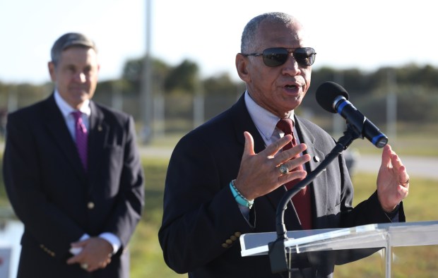 NASA administrator Charles F. Bolden Jr., right, speaks at a news conference at the Cape Canaveral Air Force Station, Wednesday, Dec. 3, 2014, in Cape Canaveral, Fla. (AP Photo/Marta Lavandier)