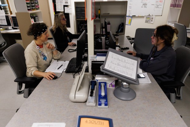 The redone nurse station on the telemetry floor at UCSD East Campus Medical Center, formerly Alvarado Medical Center, on Friday, April, 3 2026. (Kristian Carreon / The San Diego Union-Tribune)