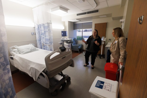 Laura Chechel, a registered nurse and senior director of nursing, speaks about a redone patient room on the telemetry floor at UCSD East Campus Medical Center, formerly Alvarado Medical Center, on Friday, April, 3 2026. (Kristian Carreon / The San Diego Union-Tribune)