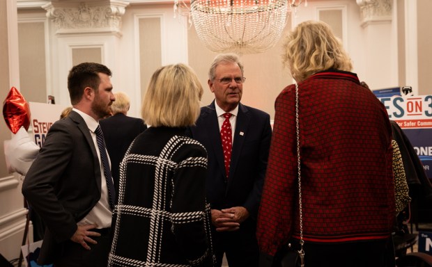 San Diego County Supervisor Jim Desmond speaks with people at an election results watch party on Tuesday, Nov. 5, 2024, in San Diego. (Ana Ramirez / The San Diego Union-Tribune)