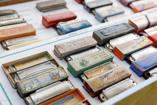 Harmonicas from John Whiteman's collection seen during the Spring Harp Fest, celebrating the unique sounds of the harmonica, at Harry Griffen Park on Saturday, April 4, 2026 in La Mesa, California. (Meg McLaughlin / The San Diego Union-Tribune)