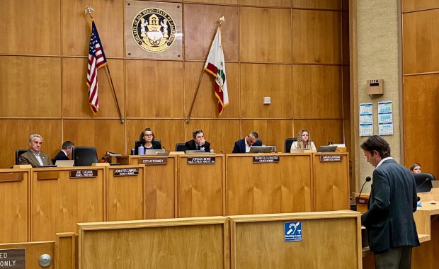 Members of the San Diego City Council's Environment Committee listen to Mark Kersey of the San Diego County Taxpayers Association on Thursday, April 16, 2026 during a hearing on the feasibility of the city creating an electric municipal utility. (Rob Nikolewski/The San Diego Union-Tribune)