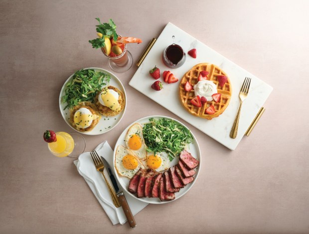 Mastro's Ocean Club's Mother's Day spread features New York steak and eggs, waffles, shrimp cocktail and eggs Benedict. (Mastro's Ocean Club San Diego)