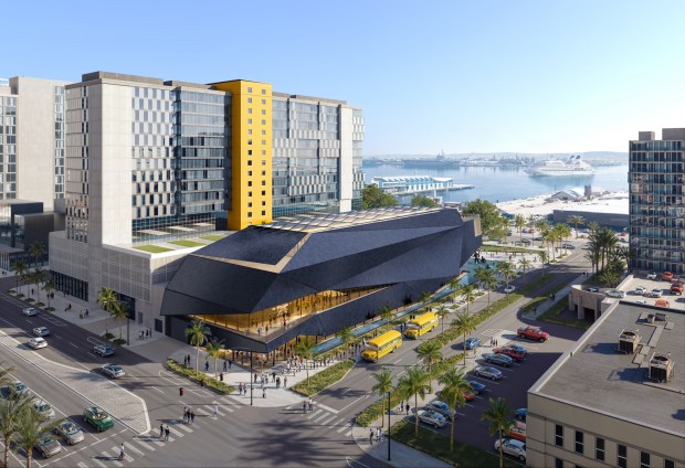 An aerial rendering of the proposed Navy SEAL Museum opposite San Diego Bay. The museum, pictured next to the Marriott SpringHill Suites-Residence Inn, is planned for a 1-acre site previously leased to the federal government. (ZGF Architects)