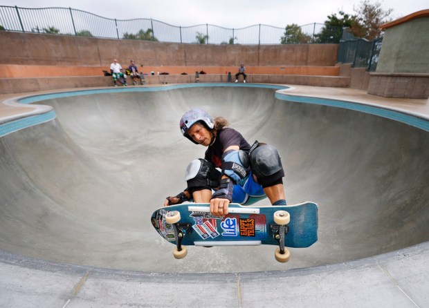 Barry Blumenthal skateboards at the Encinitas Skate Plaza aka Poods Park on Aug. 26, 2025 in Encinitas, California. Blumenthal and a group he regularly skates with are trying to get another skate bowl built at Moonlight State Beach. (K.C. Alfred / The San Diego Union-Tribune)