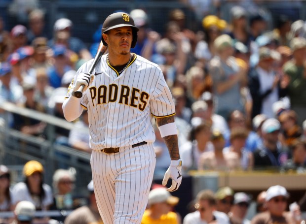Manny Machado of the San Diego Padres walks off after striking out in the fourth inning against the Chicago Cubs at Petco Park on April 29, 2026 in San Diego, CA. (K.C. Alfred / The San Diego Union-Tribune)