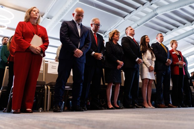 Candidates for multiple California government positions stand before speaking at a forum during the 2026 California Republican Party Spring Convention at the Sheraton San Diego Resort on Saturday, April 11, 2026. (Kristian Carreon / The San Diego Union-Tribune)