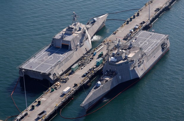 The USS Montgomery (LCS-8), right, and USS Jackson (LCS-6) are docked at Naval Base San Diego on Oct. 7, 2025 in San Diego, CA. (K.C. Alfred / The San Diego Union-Tribune)