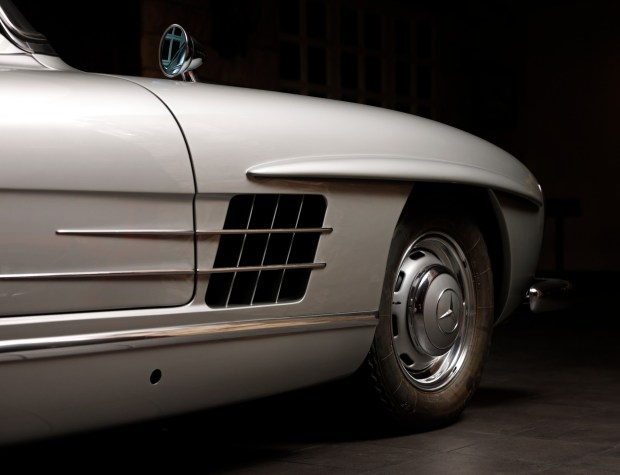 A 1961 Mercedes-Benz 300 SL Roadster owned by Bill Ceno is displayed at his home on April 8, 2026 in Rancho Santa Fe, CA.(K.C. Alfred / The San Diego Union-Tribune)