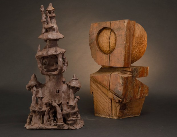 Ceramic by Bert Hubbell (circa 1960) and carved wooden sculpture by James Hubbell (circa 1963) are both part of the "Brothers in Arts: James Hubbell and Bert Hubbell" at the Oceanside Museum of Art. (Laurel Costa)