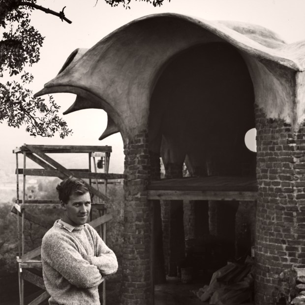 James Hubbell in front of Ilan Lael's Big Studio under construction, shot for the 1967 article "The Free Form of James Hubbell." (John Wagg)