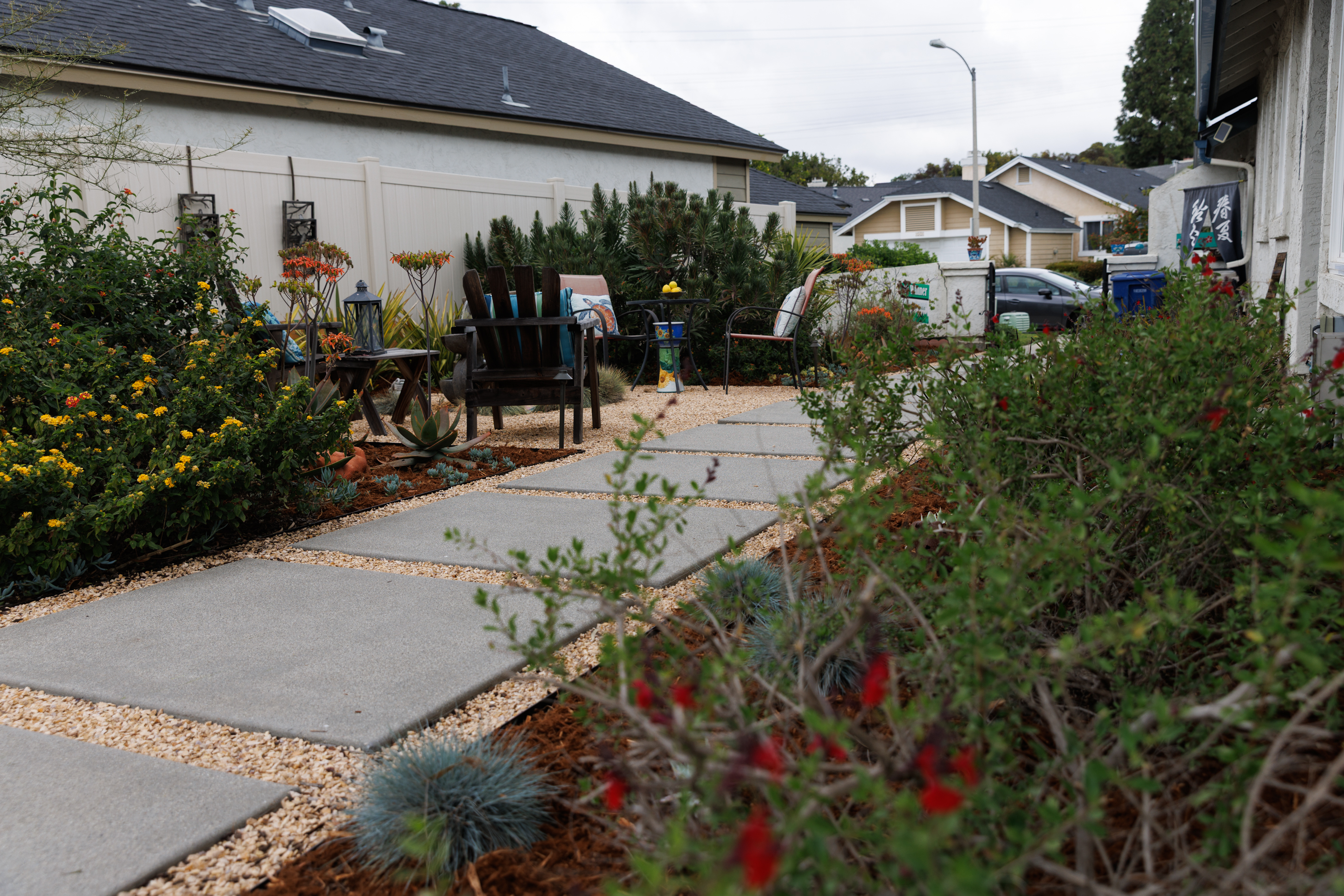 An overview of the walkway through the Spences’ side yard....