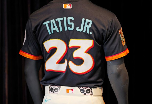 A Fernando Tatis Jr. San Diego Padres new City Connect uniform is displayed at Petco Park on April 9, 2026 in San Diego, CA.(K.C. Alfred / The San Diego Union-Tribune)