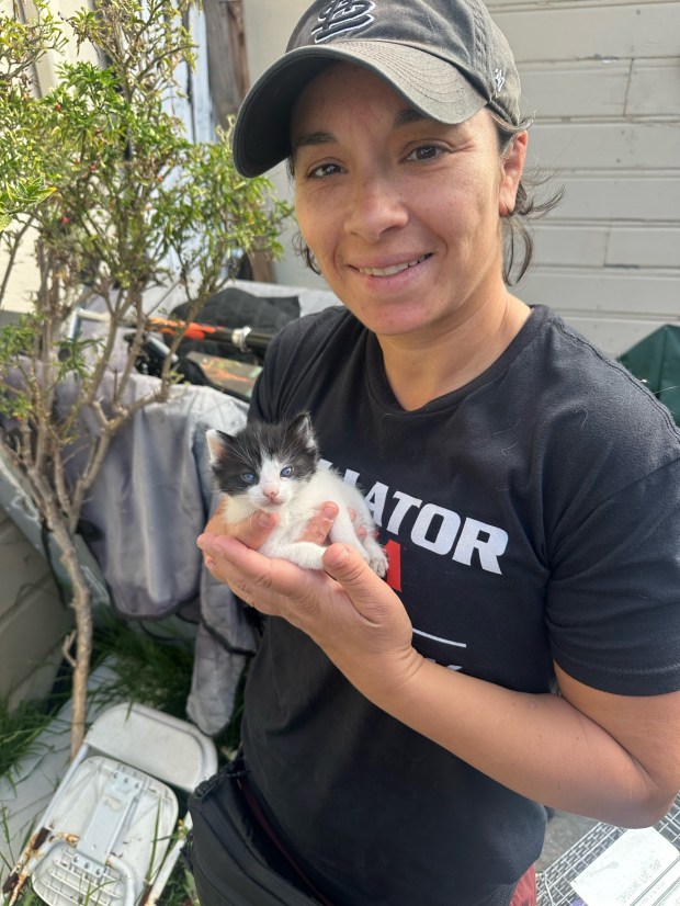 Ashley Cummins, a former National City police officer, poses with a kitten. Cummins was awarded more than $10 million last year in her discrimination and harassment lawsuit against her former employer. (Courtesy)
