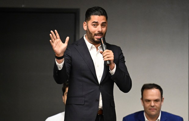 Ammar Campa-Najjar, a candidate for the 48th Congressional District, speaks at a forum held by the Democratic Club of Vista on March 13, 2026, in Vista. (Photo by Denis Poroy)