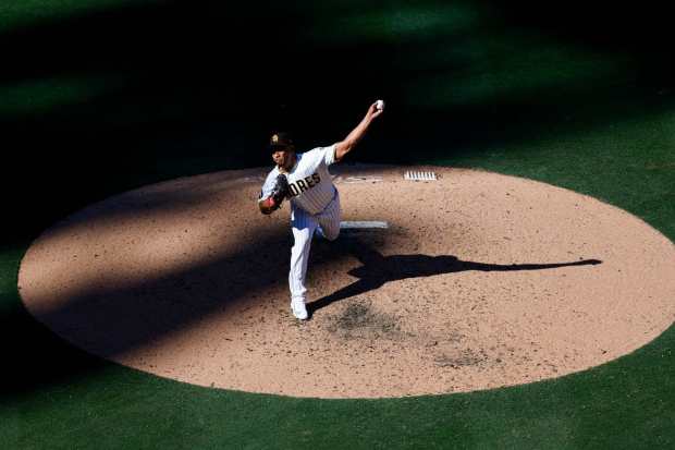 Wandy Peralta of the San Diego Padres pitches against the Detroit Tigers in the ninth inning during Opening Day at Petco Park on Thursday, March 26, 2026 in San Diego, California. (Photo by Meg McLaughlin / The San Diego Union-Tribune via Getty Images)