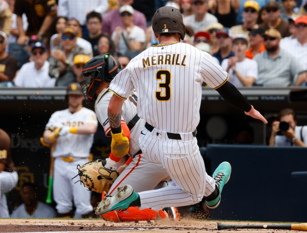Merrill's hustle, the real Pivetta, some luck and lots of hits help Padres avoid sweep by Giants
