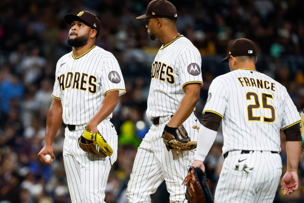 Randy Vásquez #98 of the San Diego Padres looks on before being pulled from the game during the sixth inning against the Colorado Rockies at Petco Park on Thursday, April 9, 2026 in San Diego, California. (Meg McLaughlin / The San Diego Union-Tribune)