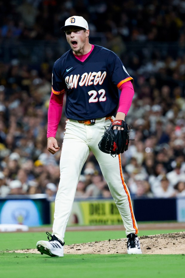 Mason Miller #22 of the San Diego Padres celebrates during the ninth inning against the Colorado Rockies at Petco Park on Friday, April 10, 2026 in San Diego, California. (Meg McLaughlin / The San Diego Union-Tribune)