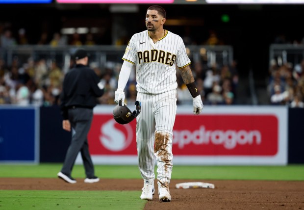 Nick Castellanos of the San Diego Padres walks back to the dugout during the fifth inning against the Colorado Rockies at Petco Park on Saturday, April 11, 2026 in San Diego, California. (Meg McLaughlin / The San Diego Union-Tribune)
