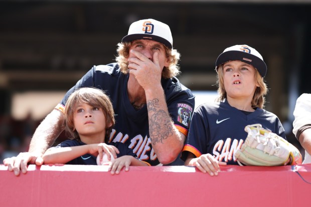 Fans react in the first inning between the Los Angeles Angels and the San Diego Padres at Angel Stadium of Anaheim on April 19, 2026 in Anaheim, California. (Photo by Joe Scarnici/Getty Images)