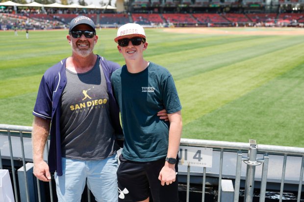 David and Aaron Silva pose for a photo before Game 2 of the MLB World Tour Mexico City Series at Alfredo Harp Helu Stadium on Sunday, April 26, 2026 in Mexico City, Mexico. (Meg McLaughlin / The San Diego Union-Tribune)