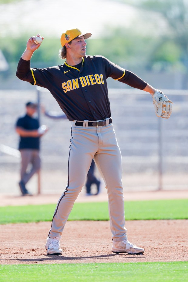 Kale Fountain #33 of the San Diego Padres participates in drills during a spring training workout at the Peoria Sports Complex on Tuesday, March 3, 2026 in Peoria, Ariz. (Meg McLaughlin / The San Diego Union-Tribune)