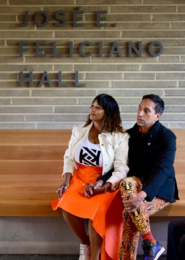 Kwanza Jones, left, and Jose E. Feliciano attend the dedication Jose E. Feliciano Hall, of student residential facility at Princeton University, in 2023. There is also a Kwanza Jones Hall at the university, where both are alumni. (Photo by Lisa Lake/Getty Images for the Kwanza Jones & JosÃ© E. Feliciano Initiative)