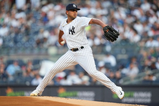New York Yankees' Randy Vasquez pitches to a Baltimore Orioles batter during the first inning of a baseball game Wednesday, July 5, 2023, in New York. (AP Photo/Frank Franklin II)