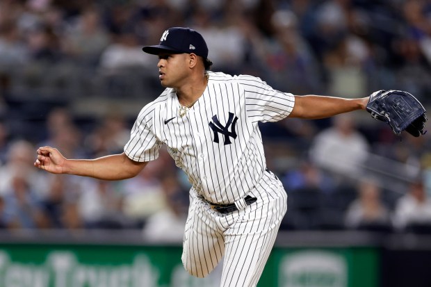 New York Yankees pitcher Randy Vasquez (98) pitches against the Detroit Tigers during the fourth inning of a baseball game Thursday, Sept. 7, 2023, in New York. (AP Photo/Adam Hunger)