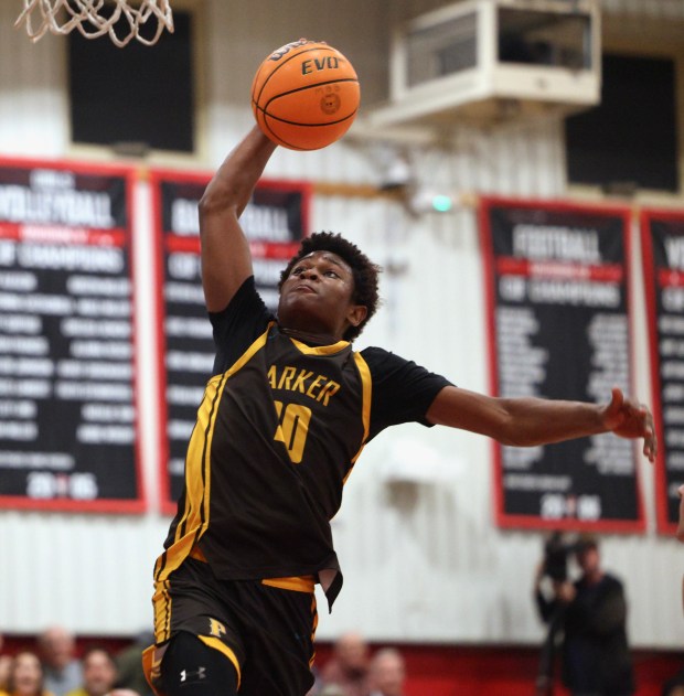 SOLANA BEACH, CA - February 25, 2026: Francis Parker's Tavid Johnson scores with a layup in the second half of the CIF Open Division semifinal against Santa Fe Christian at Santa Fe Christian High School in Solana Beach on Wednesday, February 25, 2026. (Hayne Palmour IV / For The San Diego Union-Tribune)