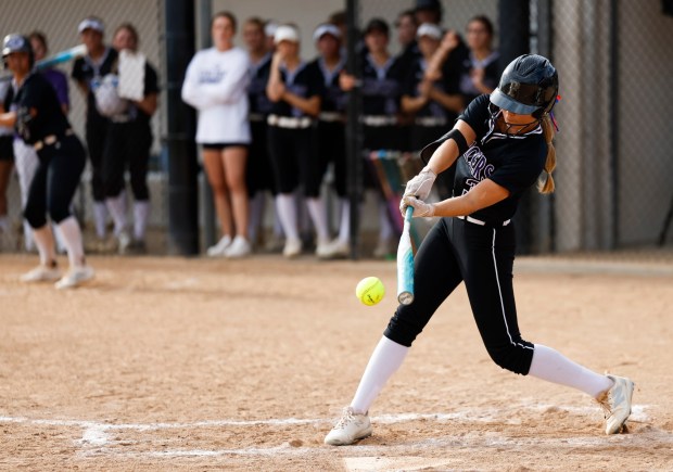 Carlsbad High School center fielder Gabriela Nevarez singles against Del Norte at Carlsbad High School on Friday, April 3, 2026 in Carlsbad, California. (Meg McLaughlin / The San Diego Union-Tribune)