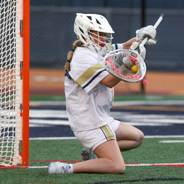 La Costa Canyon goalkeeper Cambria Williams stops a goal attempt by Marin Catholic in the final seconds of the game at La Costa Canyon High School in Carlsbad on Friday, April 10, 2026. (Hayne Palmour IV / For The San Diego Union-Tribune)