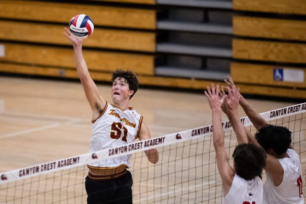 Declan Flanagan #51 of Torrey Pines High School spikes the ball against Canyon Crest at Canyon Crest Academy on Friday, April 10, 2026 Jin San Diego, California. (Derrick Tuskan / For The San Diego Union-Tribune )