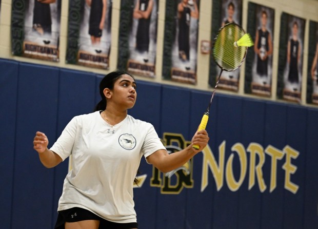 Del Norte's Meghana Nshant plays during a high school badminton game against Vista April 13, 2026 in Poway, Calif. (Photo by Denis Poroy)