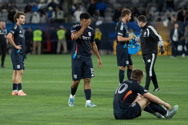 SDFC's Pedro Soma  and Anders Dreyer (10) in lament after Saturday's 2-1 loss against the Portland Timbers at Snapdragon Stadium in San Diego, CA. (Xavier Hernandez for the UT)