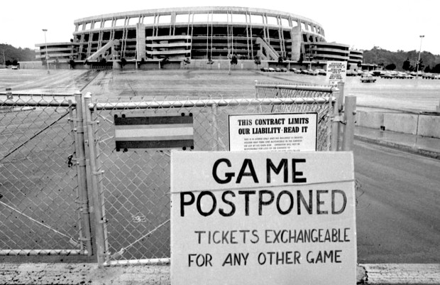 The Padres have had fewer than two dozen rainouts at home over 58 seasons. Two of them came during back-to-back nights to open the 1975 season. (Courtesy Andy Strasberg)