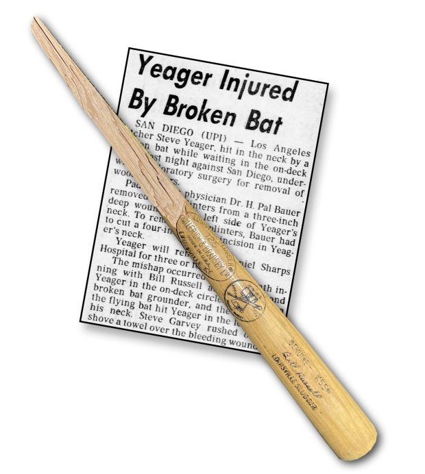 Bill Russell's broken bat nearly killed teammate Steve Yeager during a game in 1976. (Courtesy Andy Strasberg)