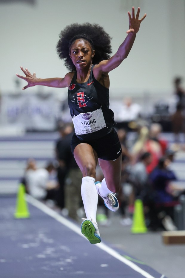 San Diego State's Xiamara Young competes in the Mountain West Indoor Track and Field Championships in Reno. (Tanner Pearson/MW Photos)