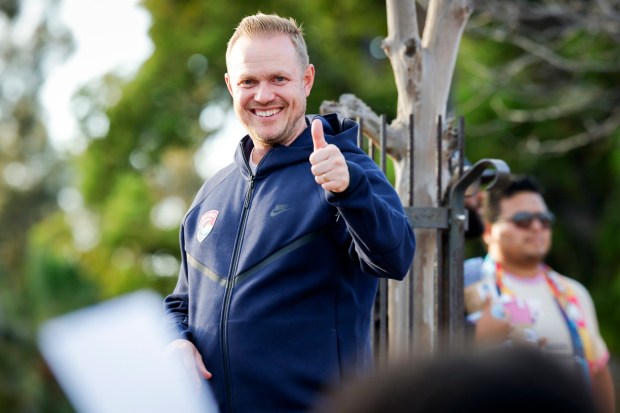 Jonas Eidevall of San Diego Wave FC gestures to fans during a Season Kick-Off Rally at Balboa Park on Tuesday, March 10, 2026 in San Diego, California. (Meg McLaughlin / The San Diego Union-Tribune)