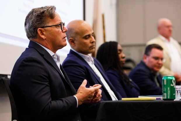 Josh Newman, former state senator, speaks during a candidate forum for California superintendent of public instruction at San Diego City College on Thursday, April 16, 2026. (Kristian Carreon / The San Diego Union-Tribune)