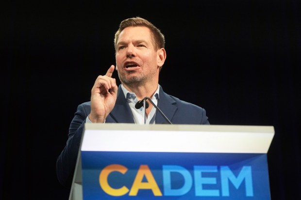 Then-California gubernatorial candidate Eric Swalwell speaks at the 2026 California Democratic Party State Convention in San Francisco, Saturday, Feb. 21, 2026. (AP Photo/Jeff Chiu)