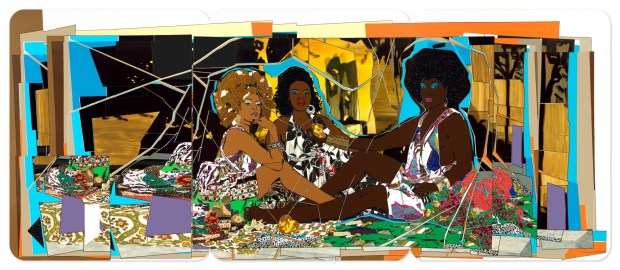 Piece by Mickalene Thomas titled "Le Dejeuner sur l'herbe: Les trois femmes noires."