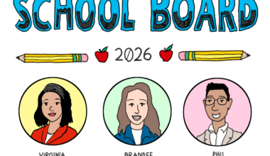 Illustration of three school board members, Virginia Cheung, Brandee Marckmann, and Phil Kim, with "School Board 2026" text, pencils, and apples above their portraits.