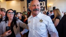 RIVERSIDE, CA - FEBRUARY 17, 2025: Riverside County Sheriff Chad Bianco mingles through the crowd after announcing his bid for governor at Avila's Historic 1929 Event Center on February 17, 2025 in Riverside, California. (Gina Ferazzi / Los Angeles Times via Getty Images)